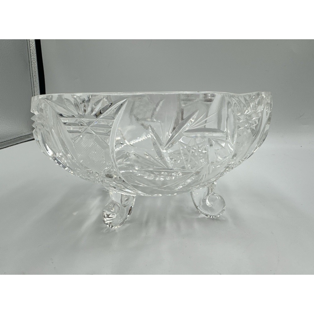 Vintage Clear Cut Crystal Bowl 4 Pedestal Toes Starburst Pattern HEAVY